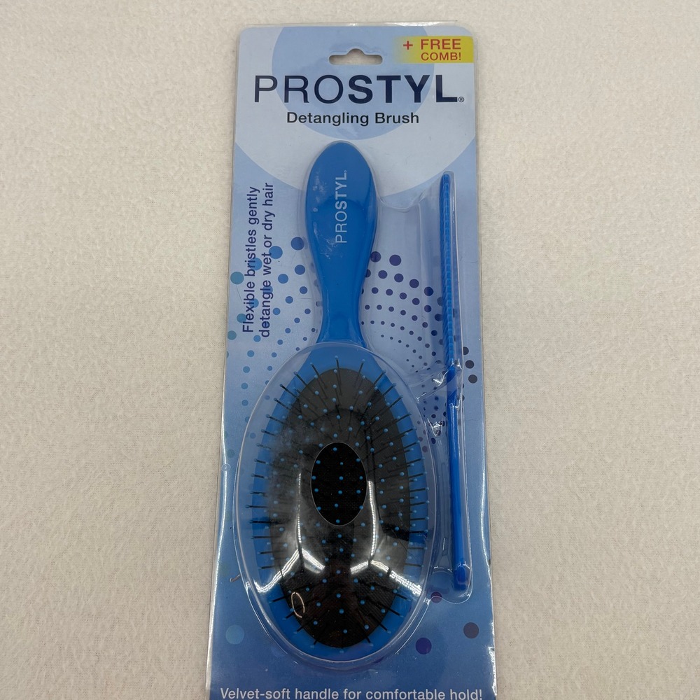 PROSTYL Detangling Brush Blue Flexible Bristles Velvet Soft Handle & Free Comb